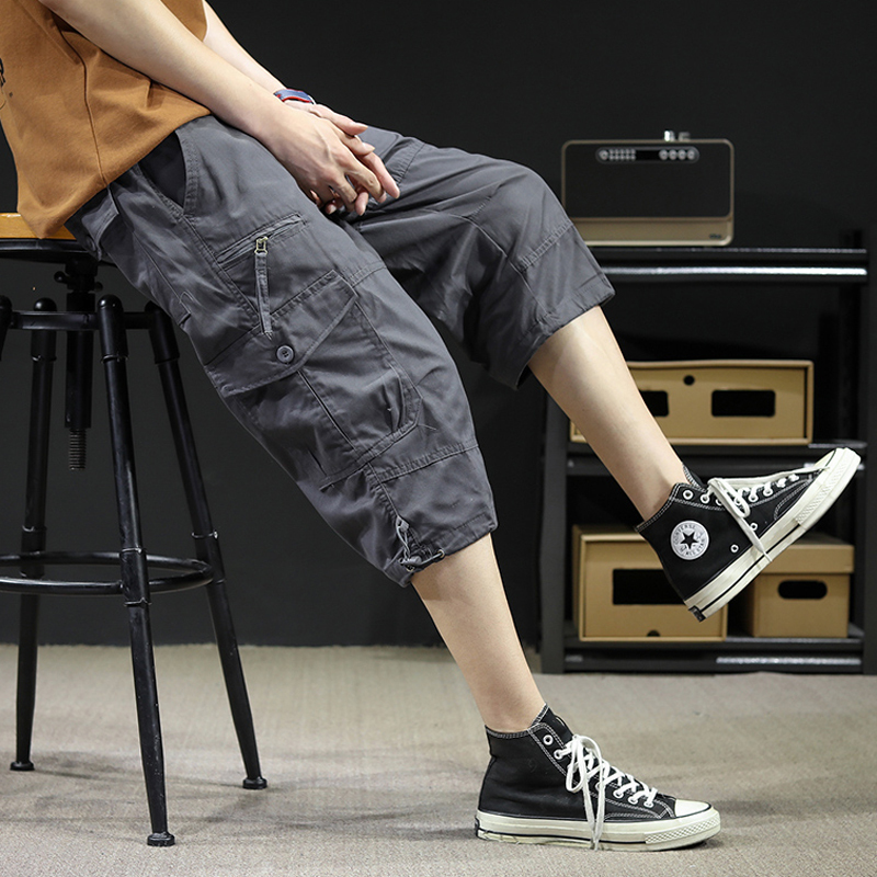 Men's Summer Workwear Cropped Pants, Loose Fit, Large Size, Straight Casual Mid-Length Pants, Trendy Versatile Pure Cotton Sports 7/8 Shorts