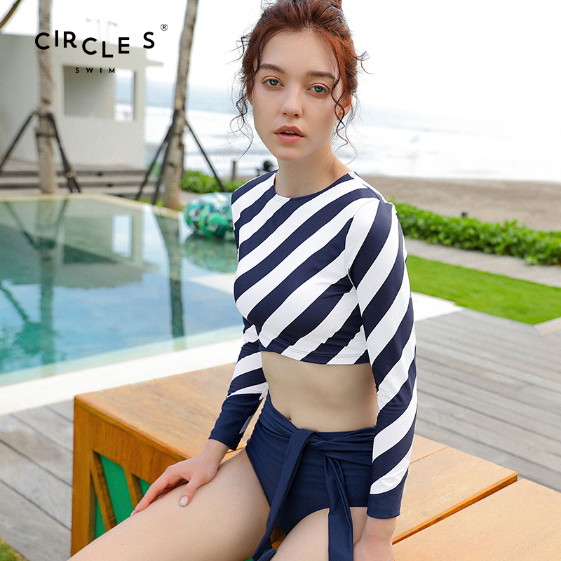 Circlesswim conservative sunscreen long-sleeved swimsuit women's two-piece 2022 new sexy surf wear striped ins wind