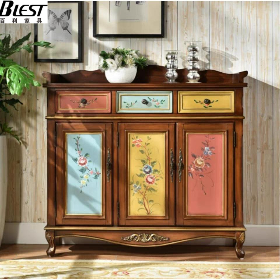 American countryside door hall Shoe Cabinet Retro containing Xuanguan Cabinet Colored Drawing Living Room Home Locker Hallway Aisle Side Cabinet-Taobao