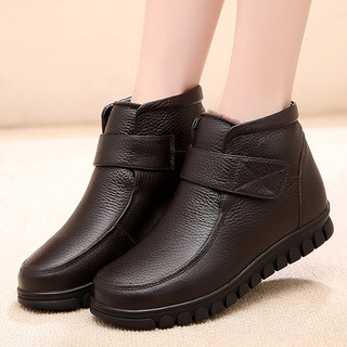 Mom's Cotton Shoes for Women, Winter Fleece-Lined Genuine Leather Wool Warm Non-Slip Soft-Soled Short Boots for Elderly Women, Middle-Aged and Elderly Leather Shoes