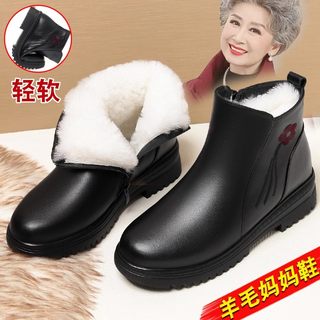 真皮妈妈鞋棉鞋女冬季羊毛雪地靴中老年加绒保暖平底短靴老人皮鞋