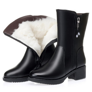 Winter Snow Boots with Plush Lining for Women, Full Leather Wool Mid-Calf Boots, Genuine Leather Thickened Mom Cotton Boots, Mid-Heel Leather Boots