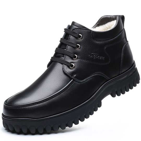 Мужские зимние хлопковые ботинки 2025 года с флисом и толстой шерстью для тепла, мужские кожаные ботинки для мужчин среднего возраста, нескользящие.