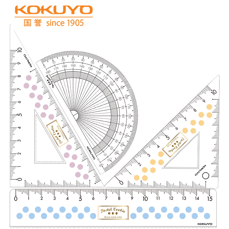 日本KOKUYO国誉淡彩曲奇套尺考试学生几何制图绘画测量图四件套尺三角板尺子量角器波浪直尺