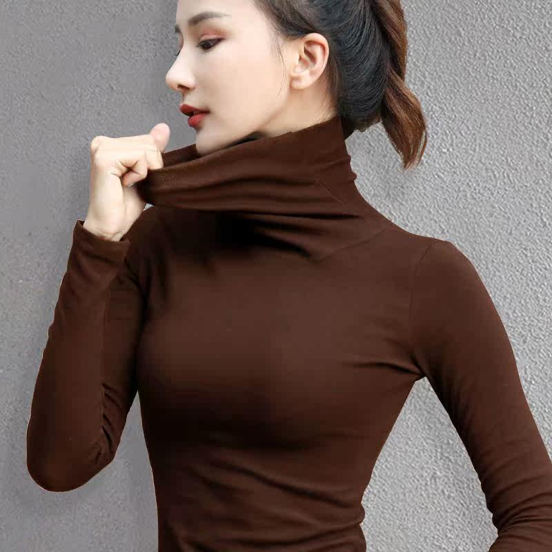 High collar bottom-shirt woman long sleeve T-shirt pure cotton autumn winter 2021 new body repair thickened 100 lap tight blouses woman