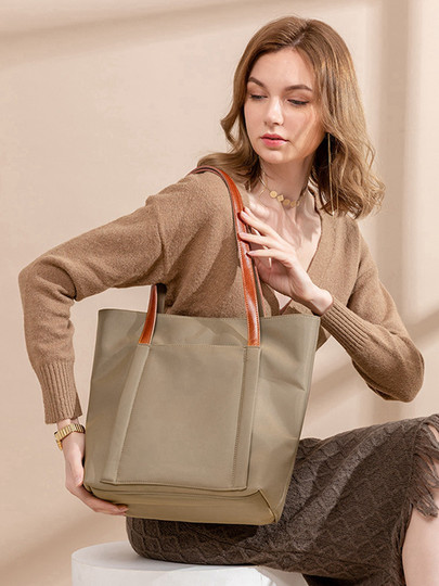配牛皮牛津布大包通勤竖款尼龙单肩包女帆布文件手提包文艺托特包