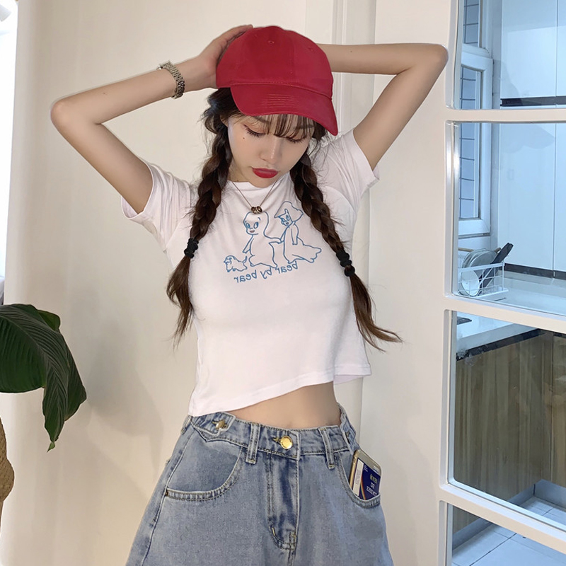 Large size short-sleeved women's slim fit and thin short print white T-shirt women's summer ins girls trendy high waist top trendy