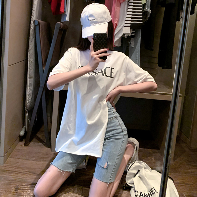 Large size short sleeves T-shirt woman 2020 Summer net red Ins loose with medium long version of letters printed superfire open fork blouses