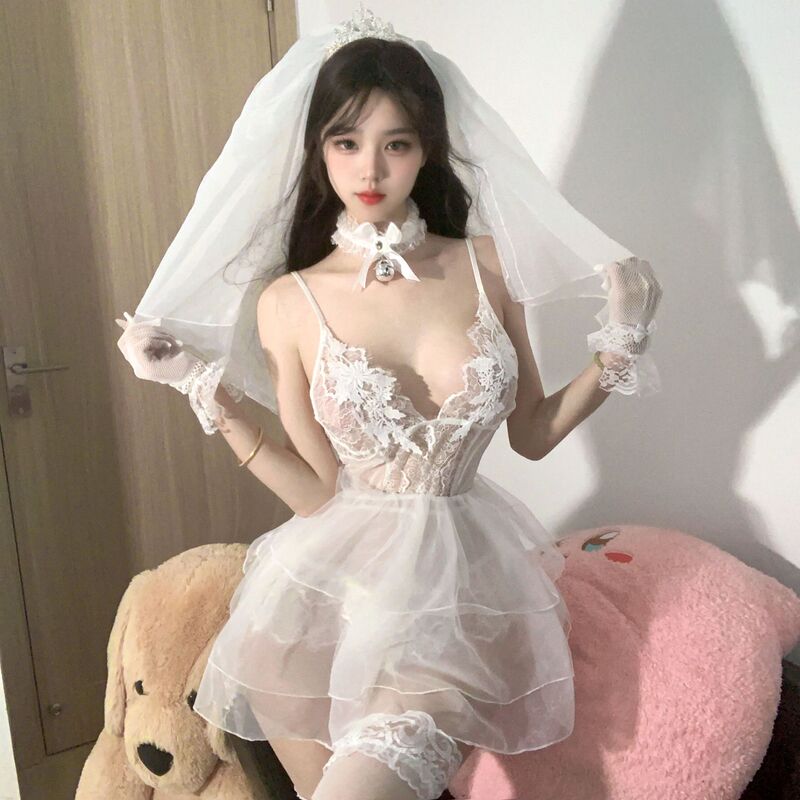 Lingerie Lace Mesh See-Through Sexy Deep V Cutout Temptation Low-Cut Jumpsuit Women's Pajamas Set
