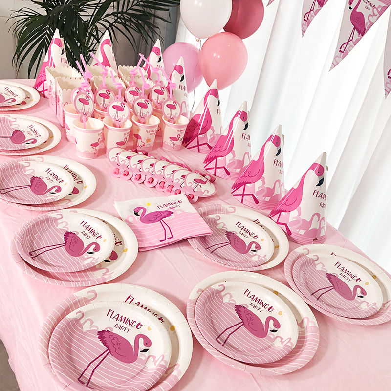 Flamingo themed tableware arrangement birthday decoration party disposable supplies children's birthday party paper plate paper cup