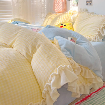 Milk Velvet Four-Piece Bedding Set, Thickened and Warm Flannel Fitted Sheet, Double-Sided Fleece Bed Sheet, Duvet Cover, Coral Fleece for Winter