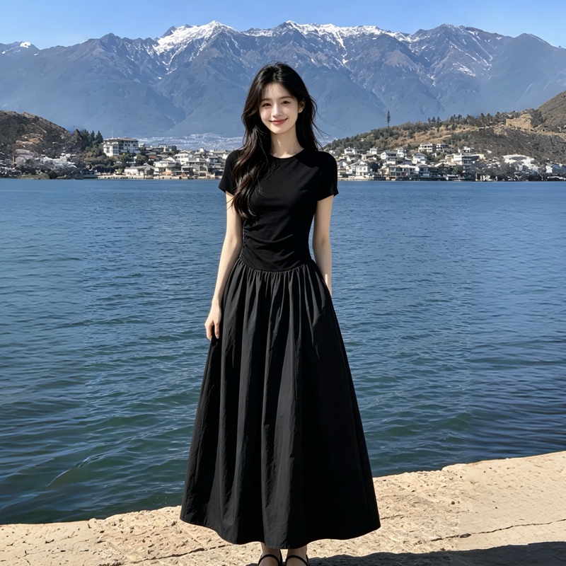 Black Design-Inspired Waist-Cinching Slimming A-Line Dress, New Summer Style, Hepburn-Style, Very Elegant and Beautiful Long Dress Black Design-Inspired Waist-Cinching Slimming A-Line Dress, New Summer Style, Hepburn-Style, Very Elegant and Beautiful Long Dress