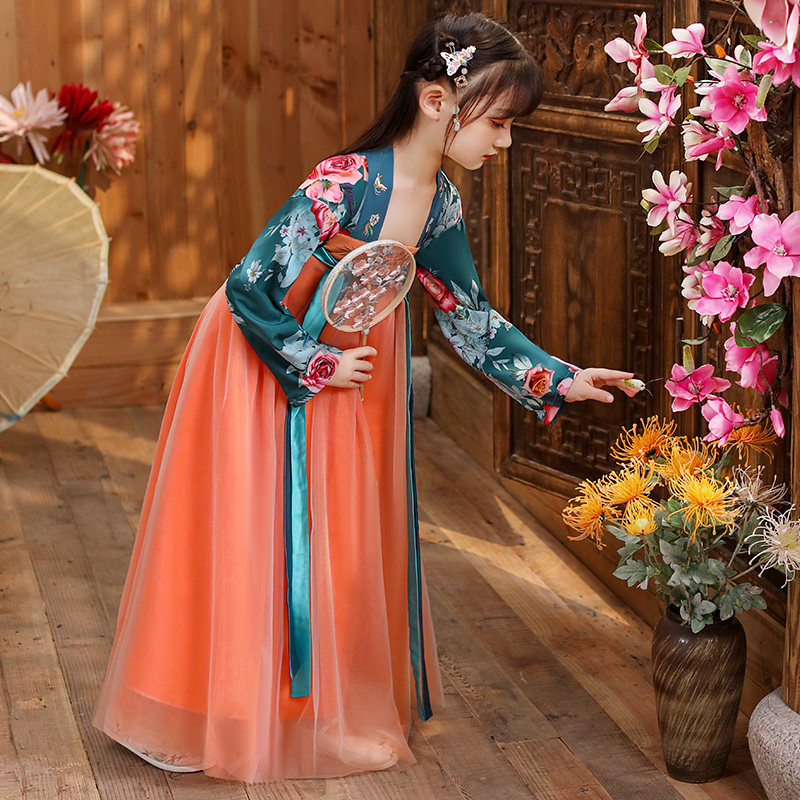 Hanfu Women Summer Immortals Children 10-12-year 12 old girl Guzheng performed out of school Primary school girls' Tang suit