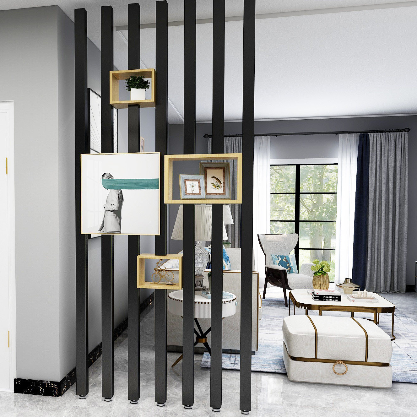 Modern Minimalist Iron Art Pillar Entrance Screen Solid Wood Living Room Dining Room Partition Hollowed-out Office Decoration Vertical Stripe Gengguan