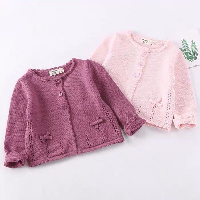 Girl Sweater Spring Autumn Han Version Children Knit Cardio-knitted Cardiovert Baby Foreign Pie Pure Cotton Small Kan Shoulder Knitted Jacket