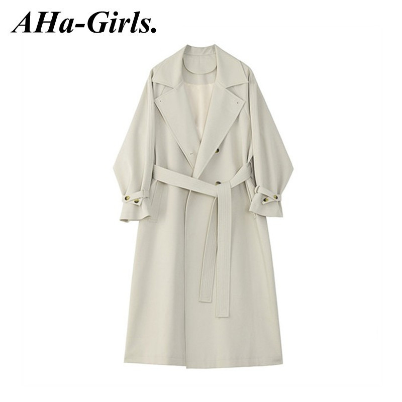 Cute AHA Girls' covegled goddess windjersey woman spring fall collar waist belt Long version closeled over knee coat jacket