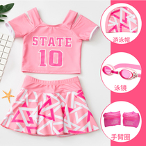 Childrens swimsuit female middle and big child skirt split swimsuit baby student cute little Princess swimsuit swimming cap set