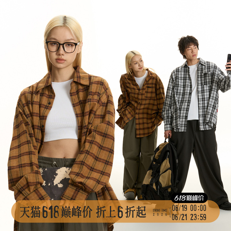 Tgns American-Style Yellow Plaid Shirt Women's Jacket Early Spring Top Brown Brushed Plaid Retro Melard Shirt