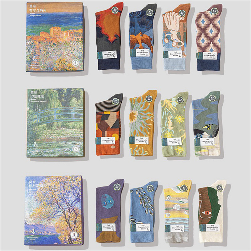 4 Pairs in a Gift Box, Gift for Girlfriend, Vintage Artistic Mid-Calf Socks, ins Trendy Oil Painting Style Men's and Women's Socks