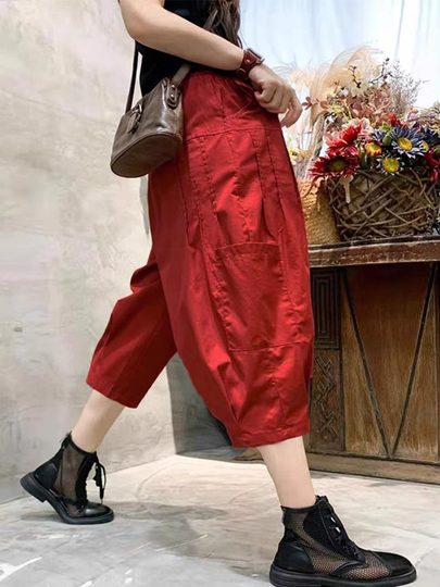 Line Cropped Pants for Women in 2024 Summer New Hot Small People Casual High Waist Slim Cotton Line Harem Pants