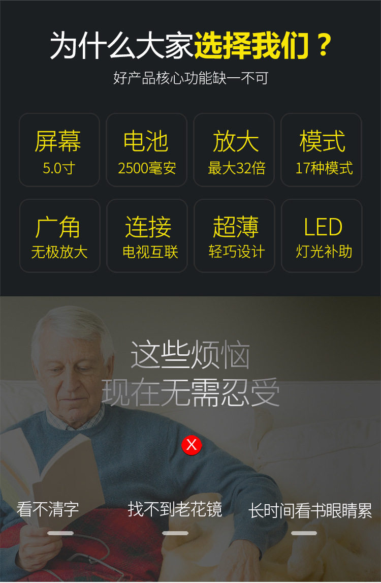 Переводная ручка 5英寸大屏辅助阅读器 老人看报器 视力障碍辅助器 显微镜放大镜 Hu/mirror