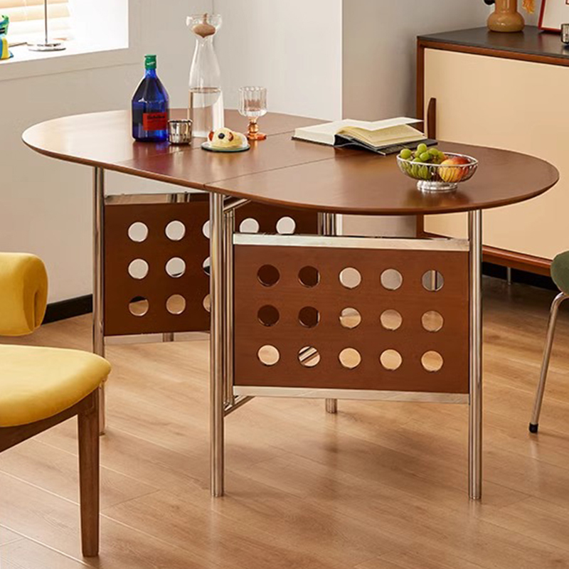 Nordic Solid Wood Dining Table, Retro Style for Small Apartments, Foldable Table, Wabi-Sabi Style, Stainless Steel Oval Dining Table