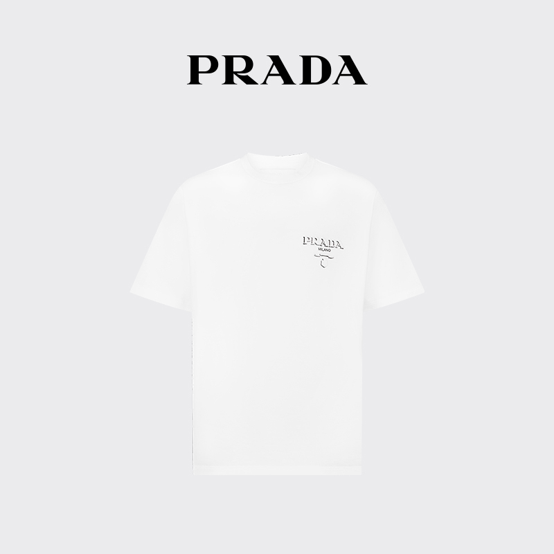 [12 Installments Interest-Free] Prada/Prada Men's Loose Fit Ribbed Knit Crew Neck Cotton T-Shirt Short Sleeve