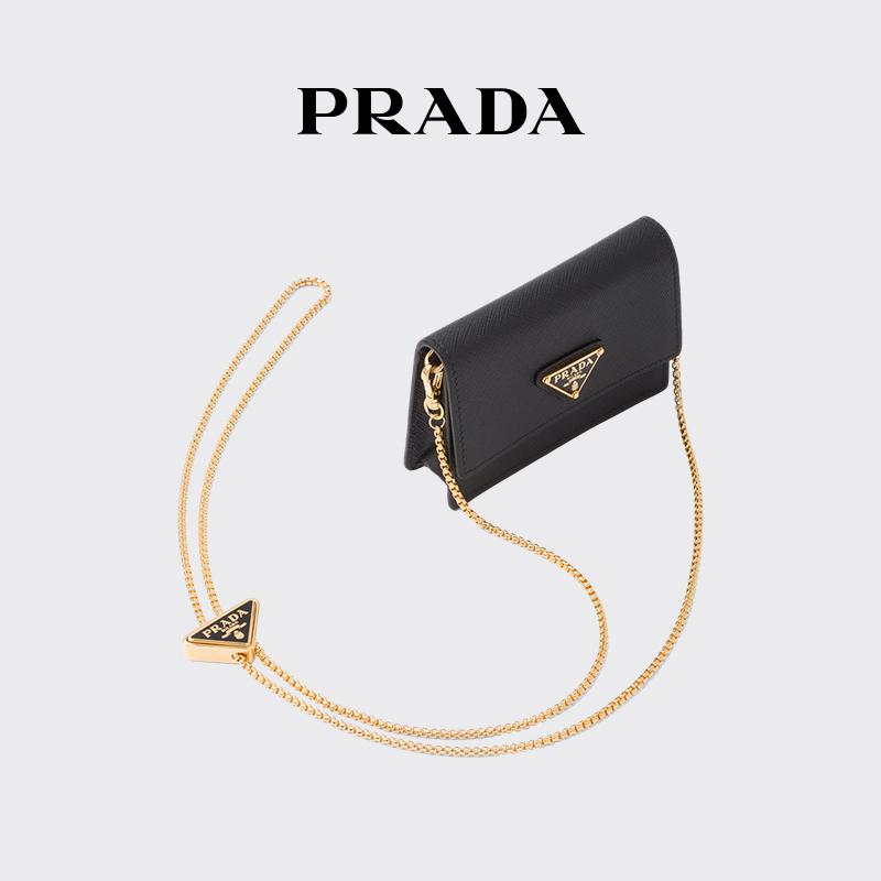 Prada Women's Shoulder Strap Saffiano Cow Leather Card Holder Wallet