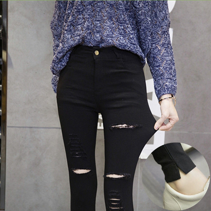 Summer Thin Cropped Ripped Black Skinny Pants for Petite Women, Elastic High-Waisted Slimming Ankle-Length Pants Summer Thin Cropped Ripped Black Skinny Pants for Petite Women, Elastic High-Waisted Slimming Ankle-Length Pants