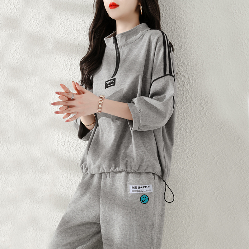 Gray Sportswear Suit for Women, Spring and Summer Style, Three-Quarter Sleeves, 2026 Korean Style, Loose Casual Fashion Sweatshirt Two-Piece Set