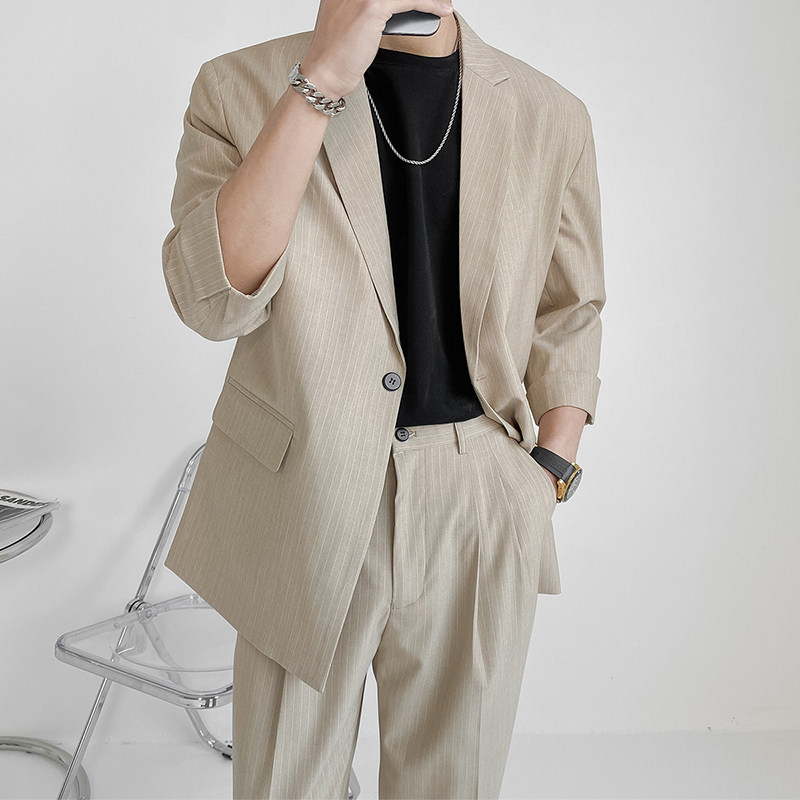 Light Cooked Wind 70% Sleeves Striped Suit Men's Summer Advanced Pendant Sensations Slim Suit Casual Yuppie Handsome Suit