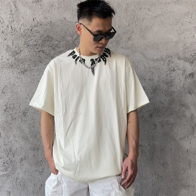 Palm Angels Collar Spray-Painted Letter Print Unisex Short-Sleeve 26S Loose Casual American-Style T-Shirt