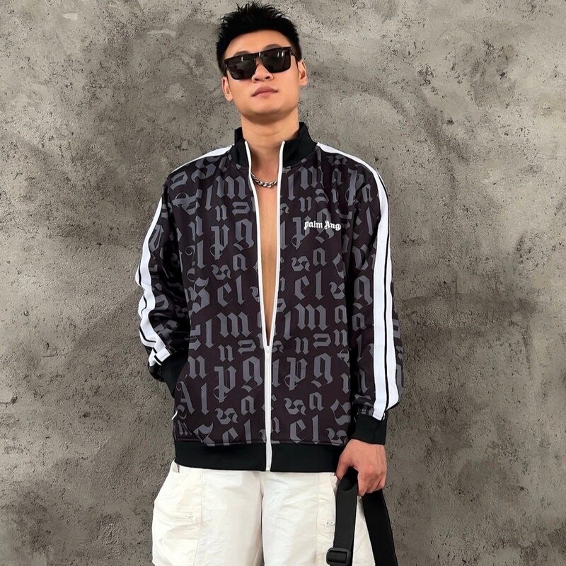 Palm Angels Letter Print Stand Collar Jacket with Side Stripes Casual Zipper Jacket Trendy