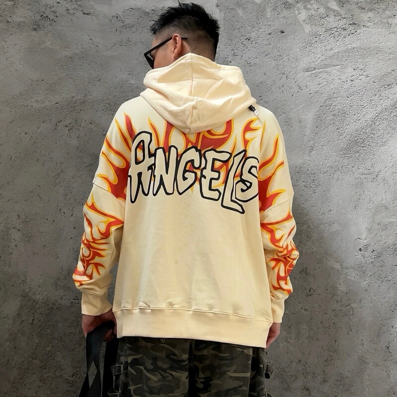 Palm Angels American High Street Style Flame Letter Print Hooded Sweatshirt Loose Fit Unisex Hoodie Palm Angels American High Street Style Flame Letter Print Hooded Sweatshirt Loose Fit Unisex Hoodie