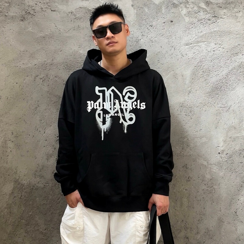 Palm Angels Dissolvable Spray Paint Letter Print Unisex Hooded Sweatshirt Loose Hoodie
