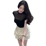 Летний небольшой дизайнерский трикотажный свитер, футболка с коротким рукавом, высокий воротник, тренд сезона