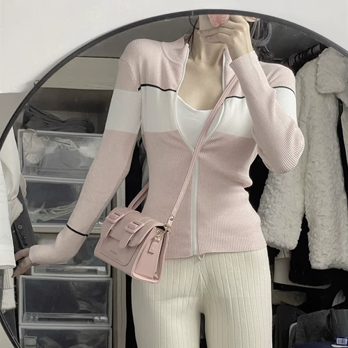 Розовый трикотажный спортивный свитер с молнией, кардиган, лонгслив, куртка, в стиле Шанель