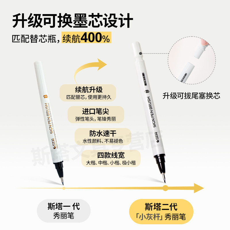 Sta 3755 Calligraphy Pen, Waterproof Pen with Built-In Nib, Soft Pen for Calligraphy Practice, Signature Pen with Nib, Large, Medium, Small Regular Script Fine Brush Pen, Art Copybook Pen with Soft Tip
