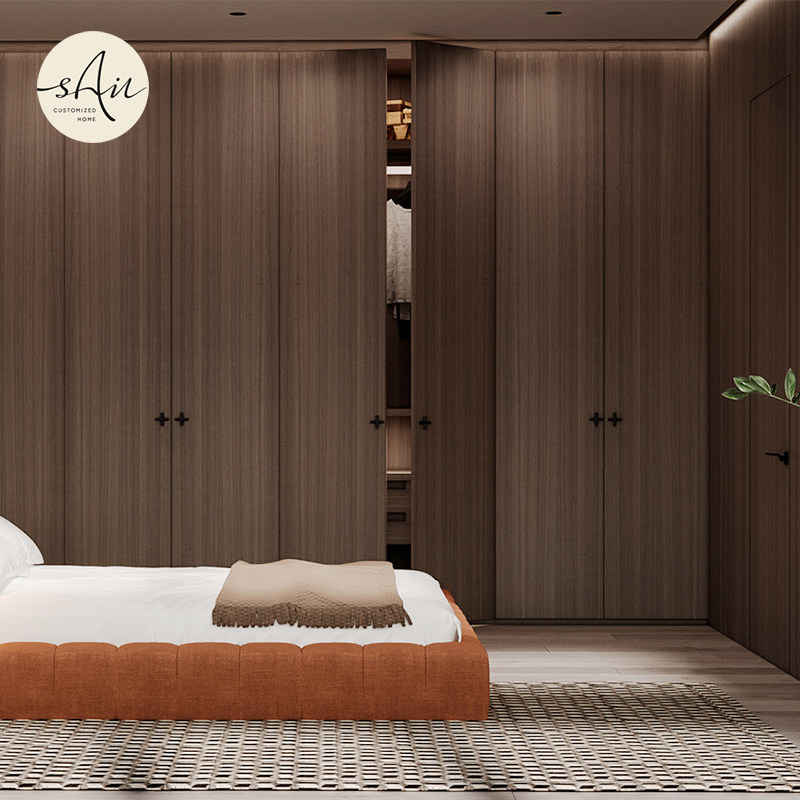 River bank custom wardrobe Nordic style modern simple wood grain color flat door cloakroom design small wardrobe custom