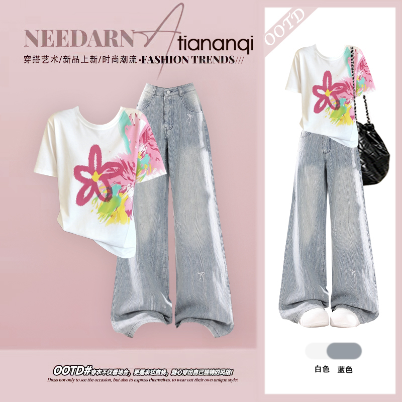 New Summer Fashion Set for Women, Lazy Style, Versatile Short-Sleeved Top Paired with High-Waisted Jeans Two-Piece Set