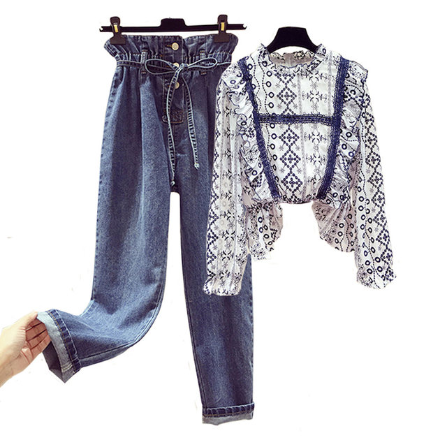 Spring 2023 new women's suit small man early spring design sense niche chiffon shirt jeans two-piece set