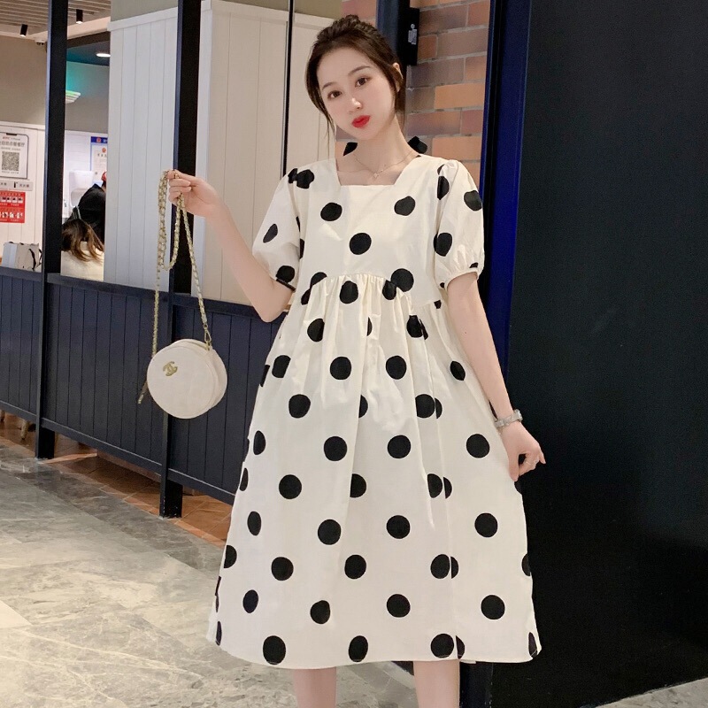 Maternity Wear, Summer Dress, Loose Plus Size, Fashionable Polka Dot, Stylish Square Neck, High Waist Long Dress, Trendy Mom Polka Dot Maternity Dress, Summer