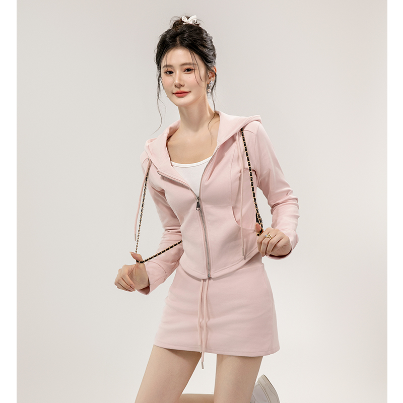 Trendy and Youthful Sporty Suit Skirt for Women, New Spring Slim-Fit Hooded Cardigan Sweatshirt Jacket and Skirt Two-Piece Set