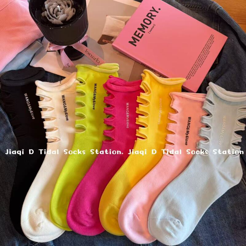 Korean Style Summer Socks for Women, Fishbone Hole Socks, Dopamine Color Letter Print, Trendy Personality Mid-Calf Socks