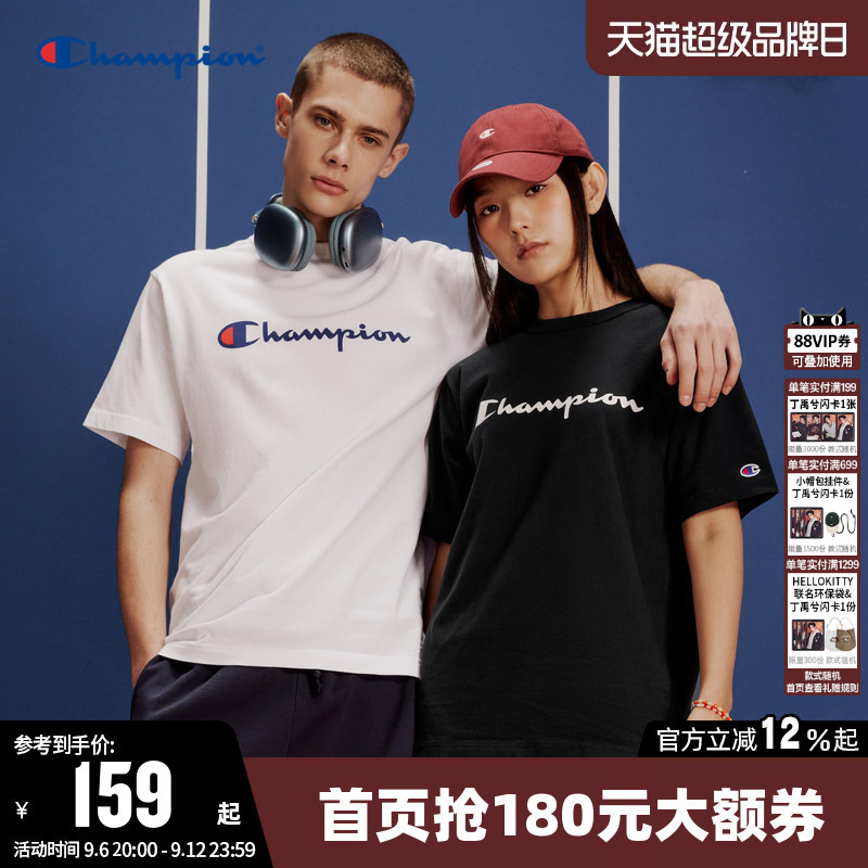 Champion T-Shirt for Women, Summer Couple's Screen-Printed Logo, Round Neck, Pure Cotton, Casual Sports Short-Sleeve Top for Men