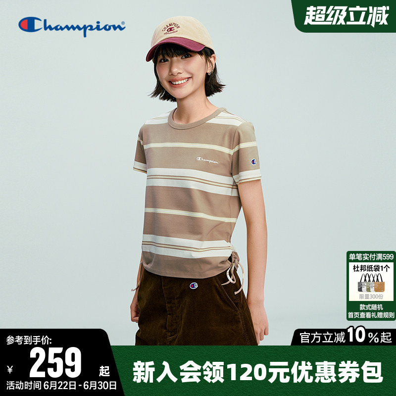 Champion Women's T-Shirt 2026 Summer New Striped Print Logo Casual Round Neck Short-Sleeve Top Trendy Champion Women's T-Shirt 2026 Summer New Striped Print Logo Casual Round Neck Short-Sleeve Top Trendy