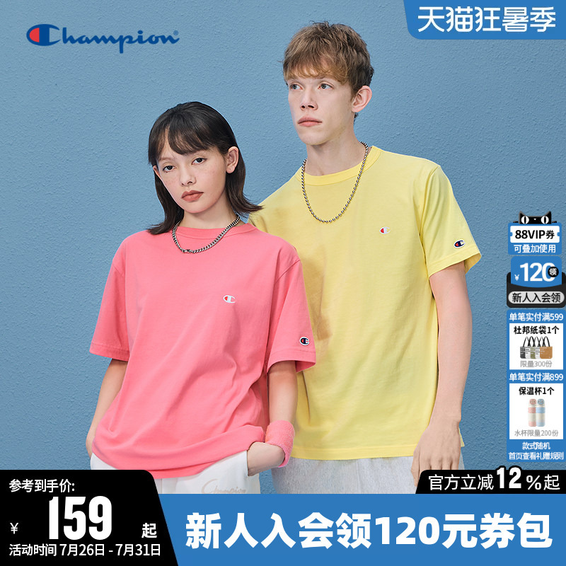 Champion T-Shirt for Women 2026 Summer New Pure Cotton Couple Dopamine Round Neck Sports Short-Sleeved Top for Men