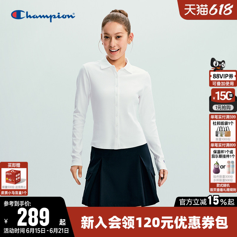Champion Women's Shirt 2026 Spring New Solid Color Slim Long-Sleeve Polo Shirt with Lapel Casual Top
