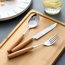 View-All-Day Wood Handle Austenitic Stainless Steel Knife Fork Spoon Three Sets High-end Western Dining Steak Knife Rice Spoon Salad Fork