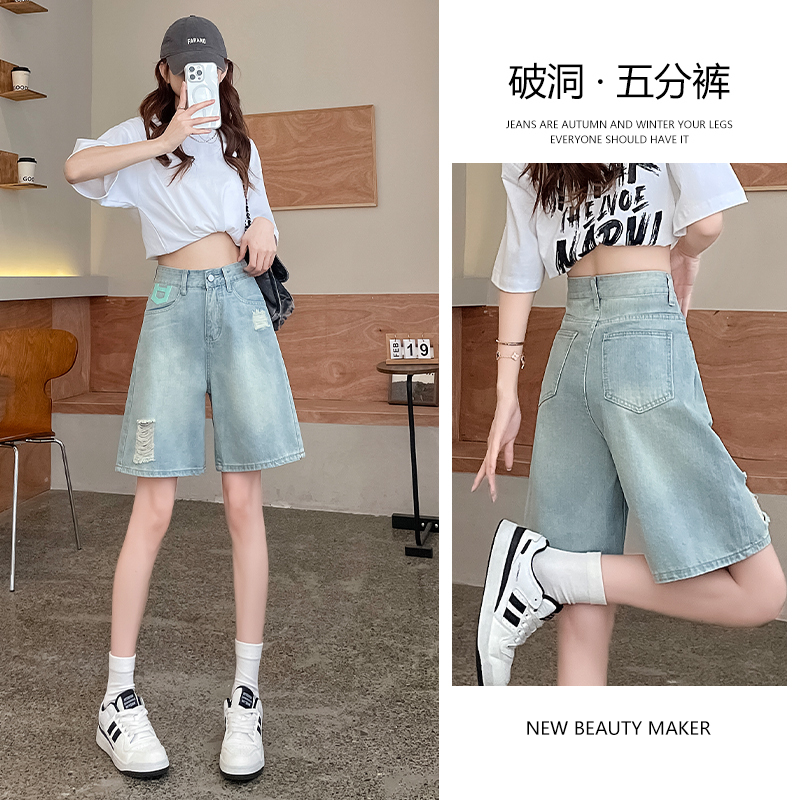 Ripped Denim Shorts for Women, Summer Thin Style, 2026 New High-Waisted Loose A-Line Wide-Leg Mid-Length Shorts for Petite Women Ripped Denim Shorts for Women, Summer Thin Style, 2026 New High-Waisted Loose A-Line Wide-Leg Mid-Length Shorts for Petite Women
